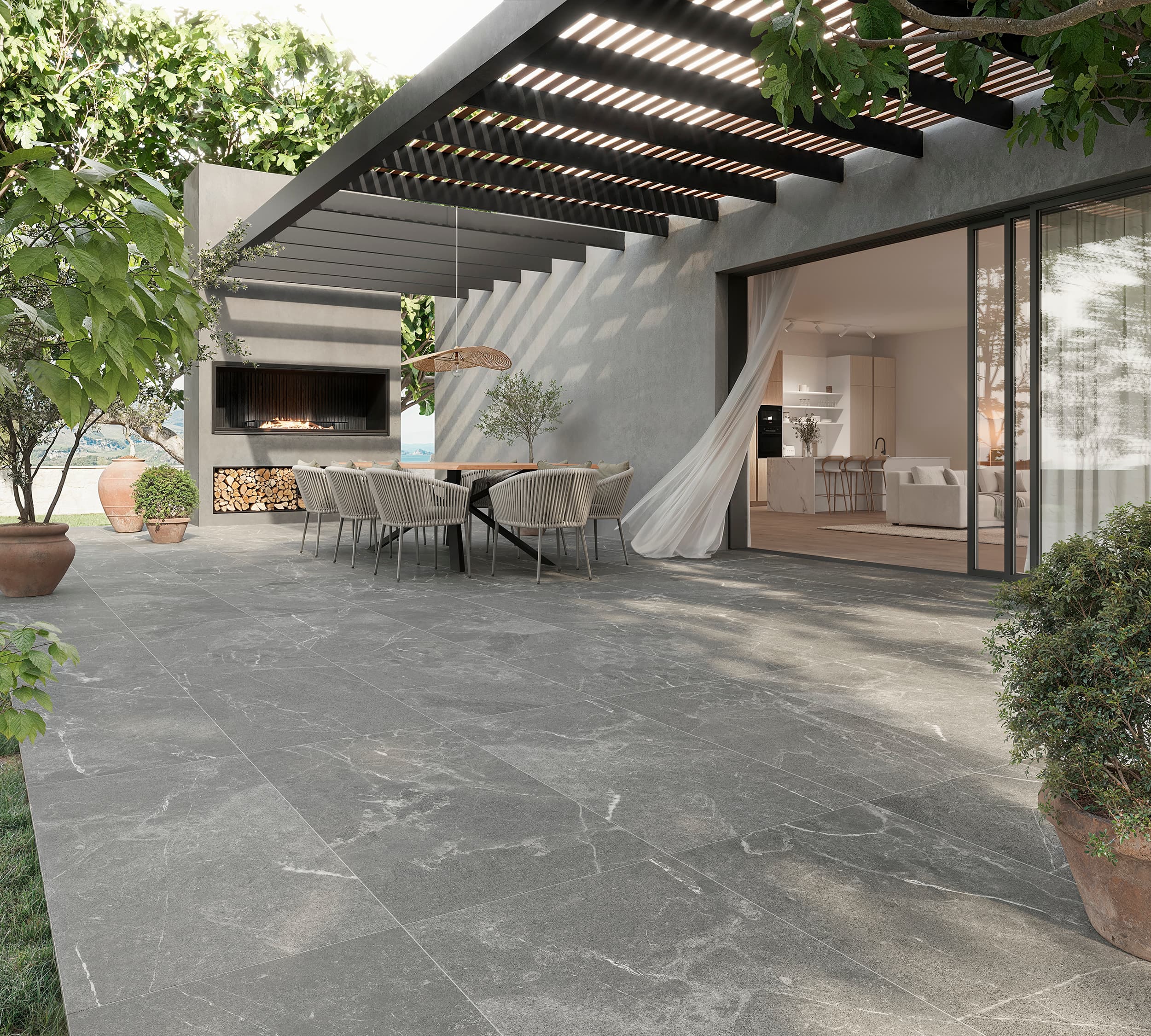 Terraza con porcelánico Índigo de Cesantoni