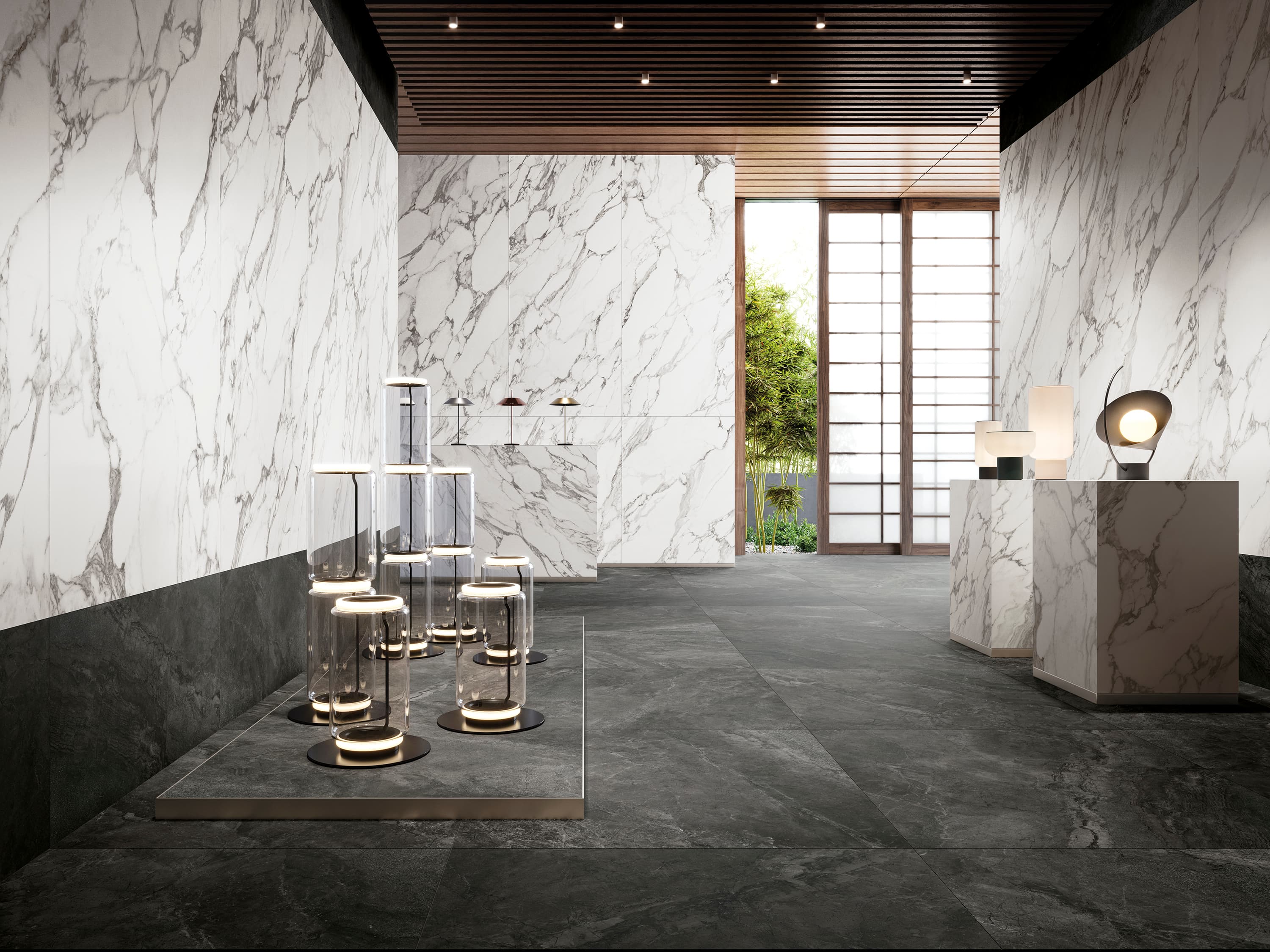 Porcelanatto CCU Prestigio Arabescato en ambiente interior