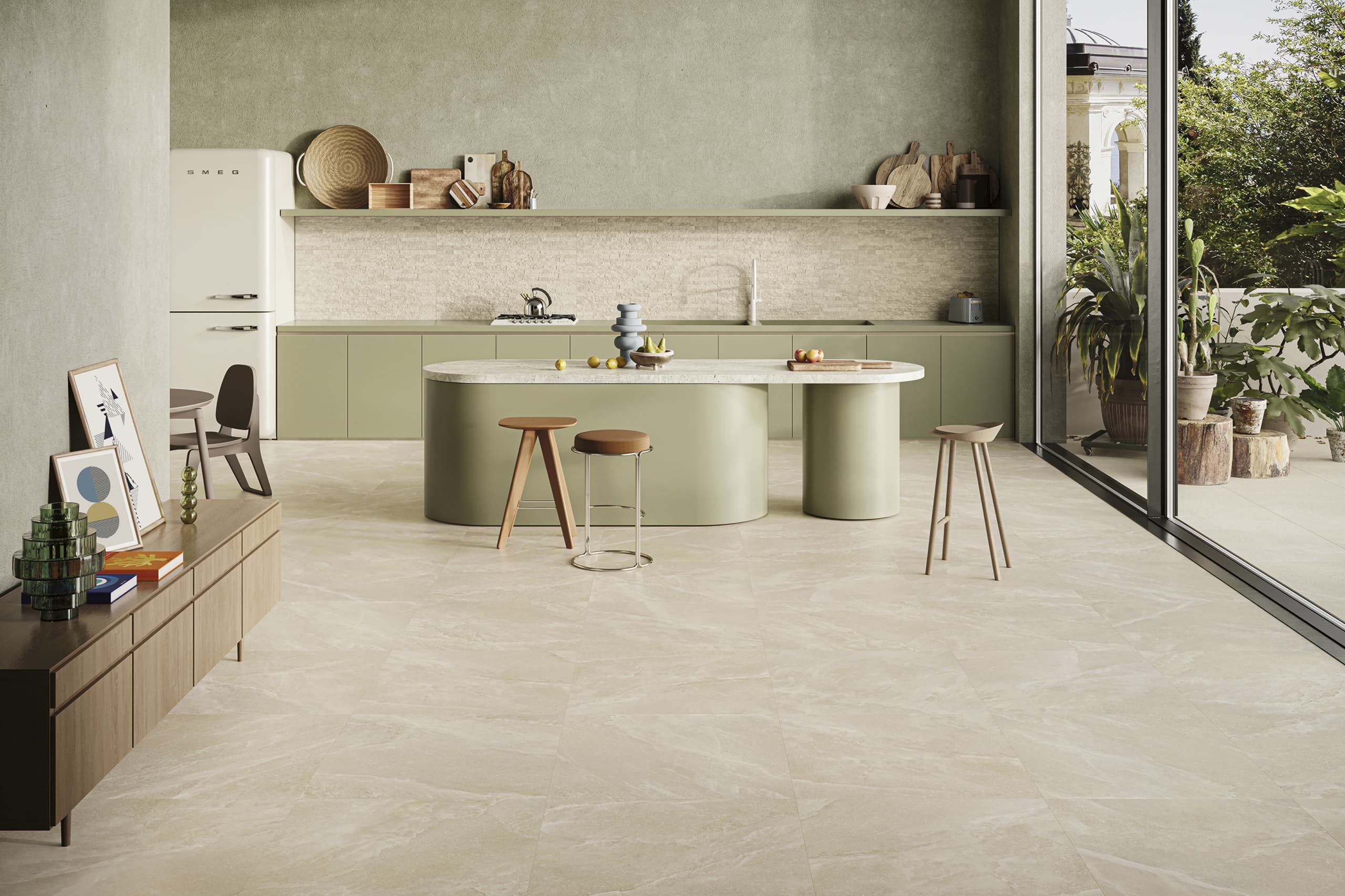 Porcelanatto CCU Salt Stone Sand en ambiente interior