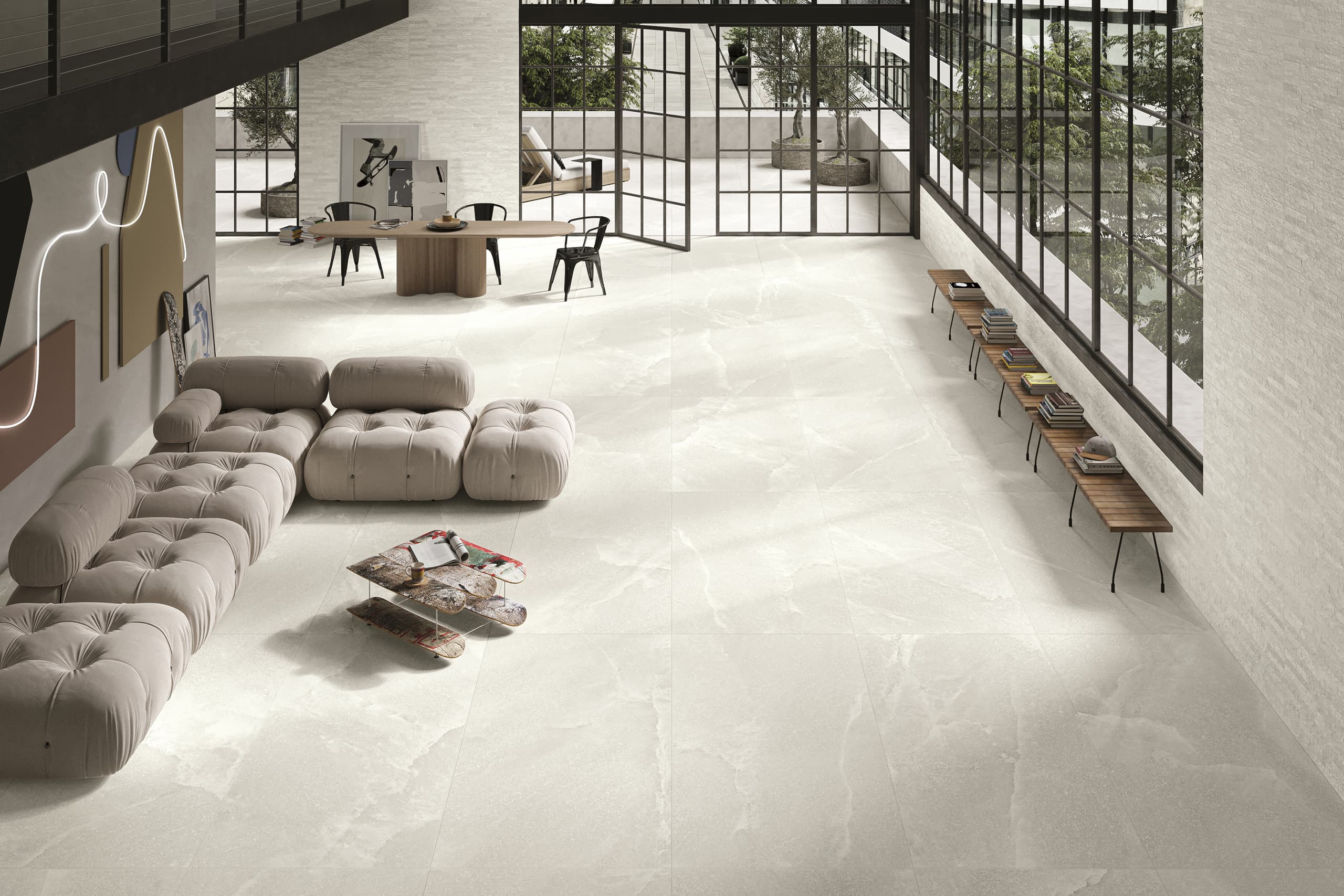 Porcelanatto CCU Salt Stone White en ambiente interior