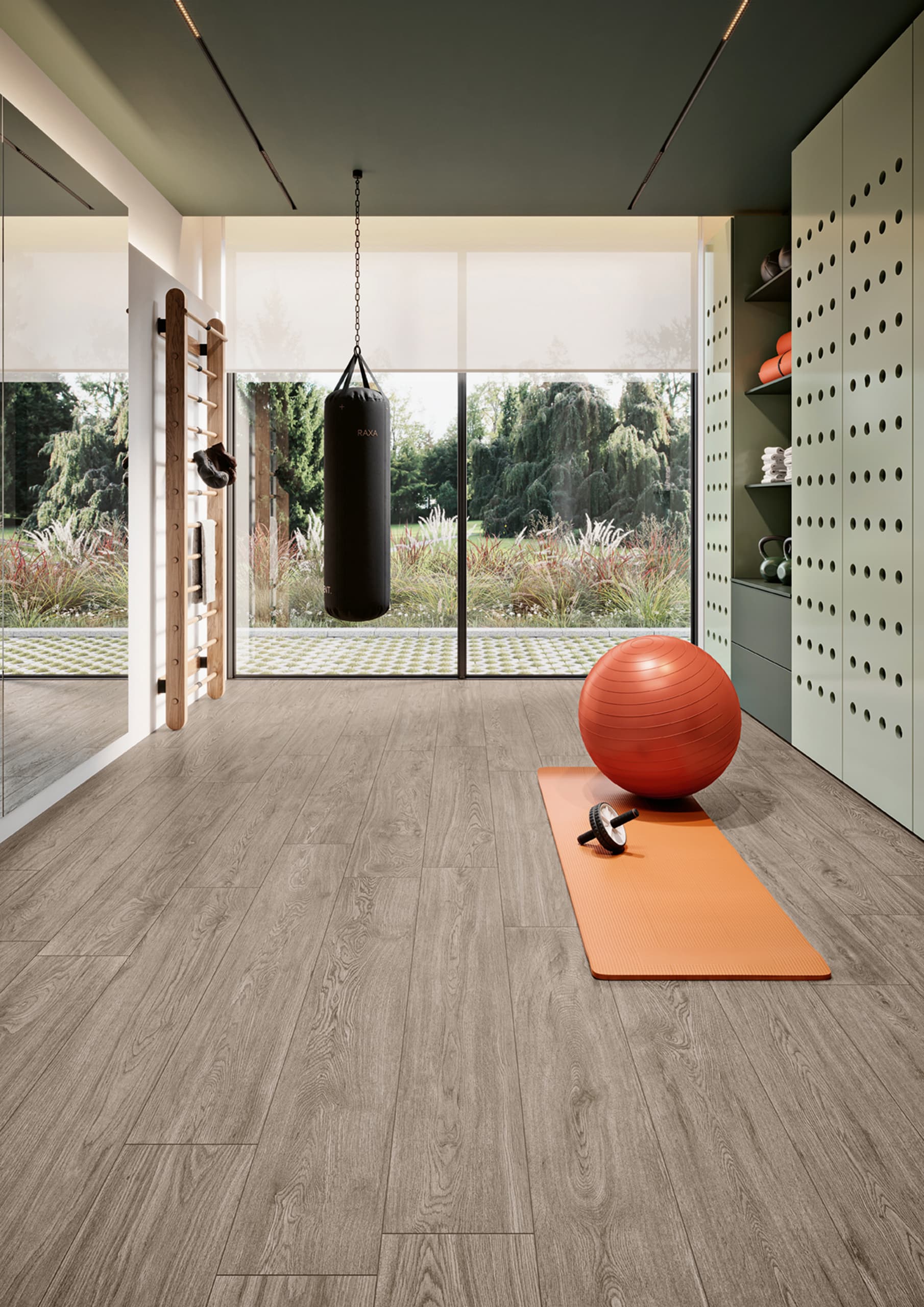 Porcelánico CCU Woodline Grey efecto madera en ambiente