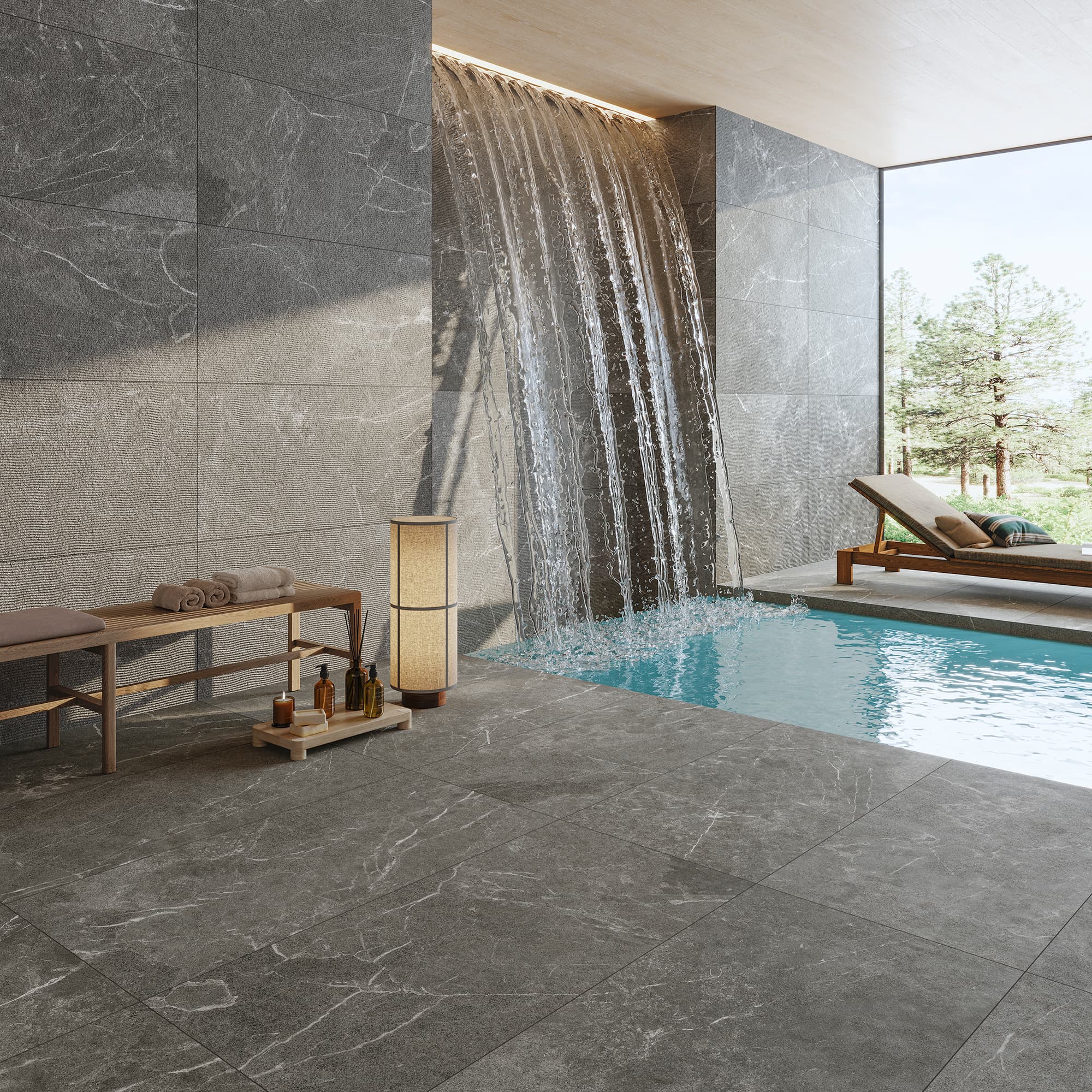 Piscina con porcelánico Índigo de Cesantoni