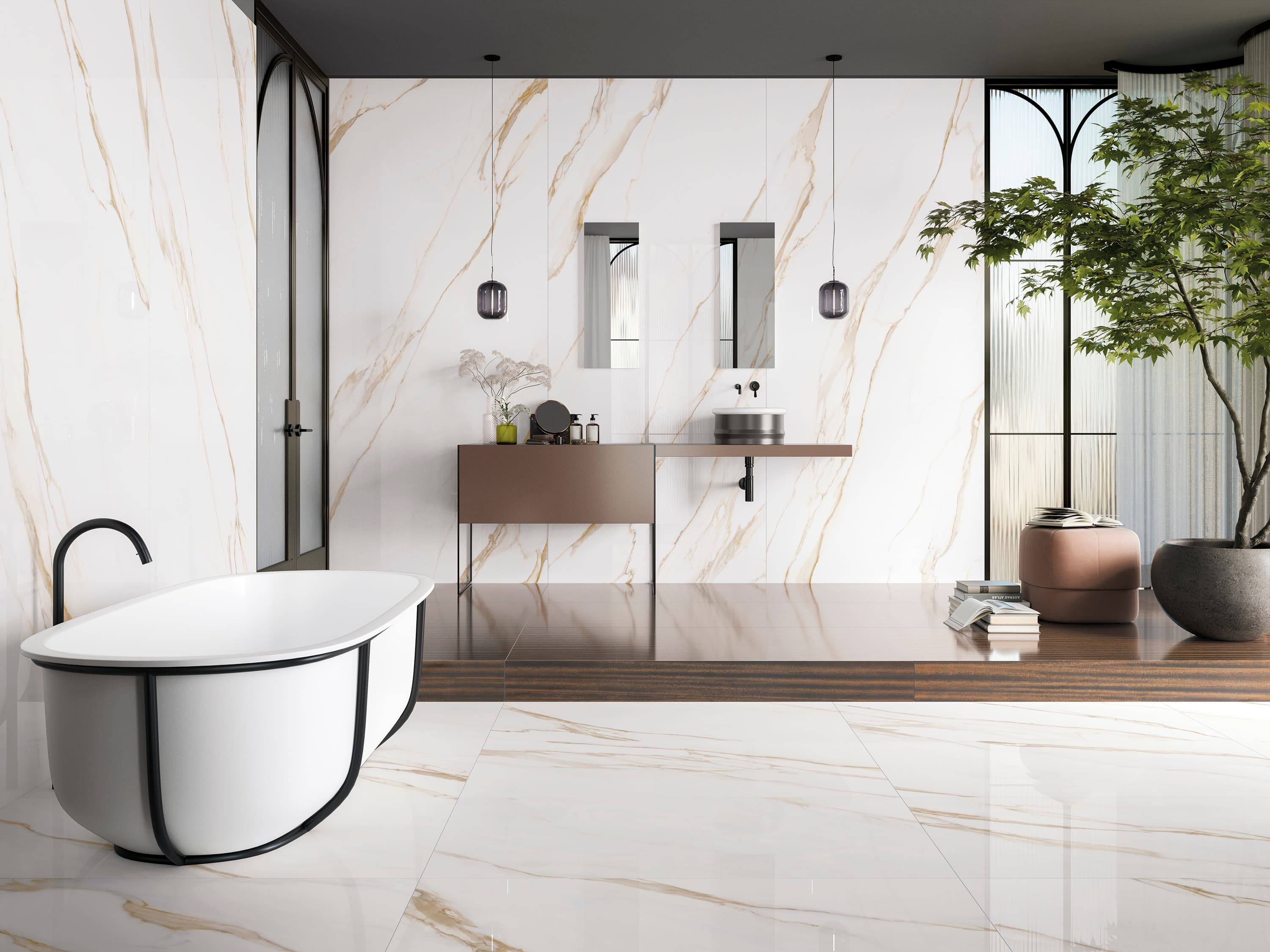 Porcelanatto CCU Prestigio Calacatta Oro en ambiente interior