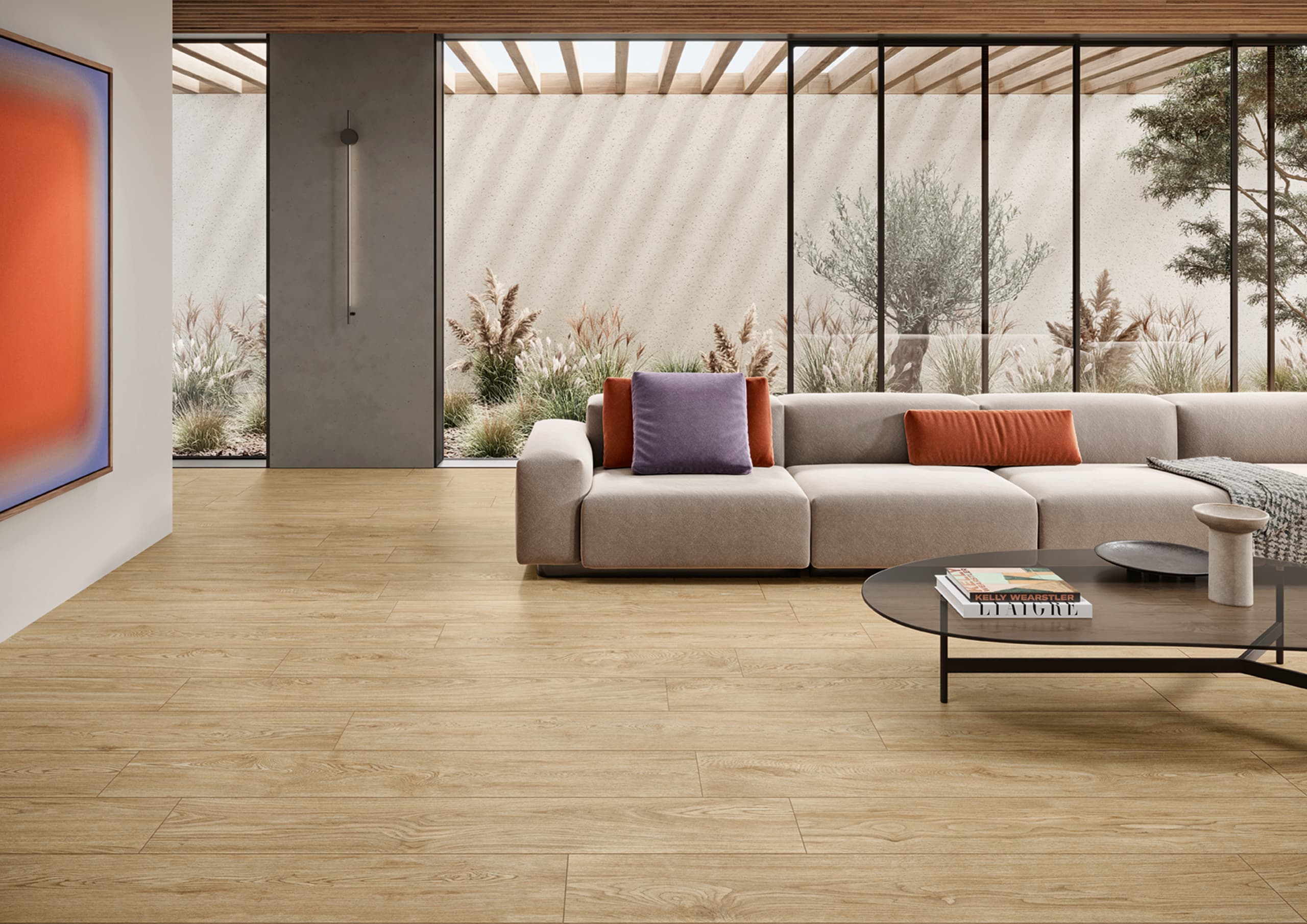 Porcelánico CCU Woodline Beige efecto madera en ambiente